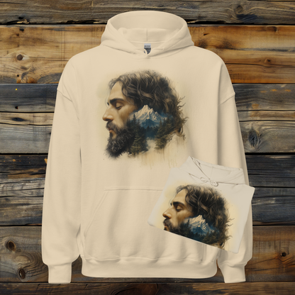Jesus Mountain Reflection Hoodie, Christian Faith Sweatshirt, Watercolor Art, Nature and Spirituality Gift, Religious Apparel Hooded Sweatshirt