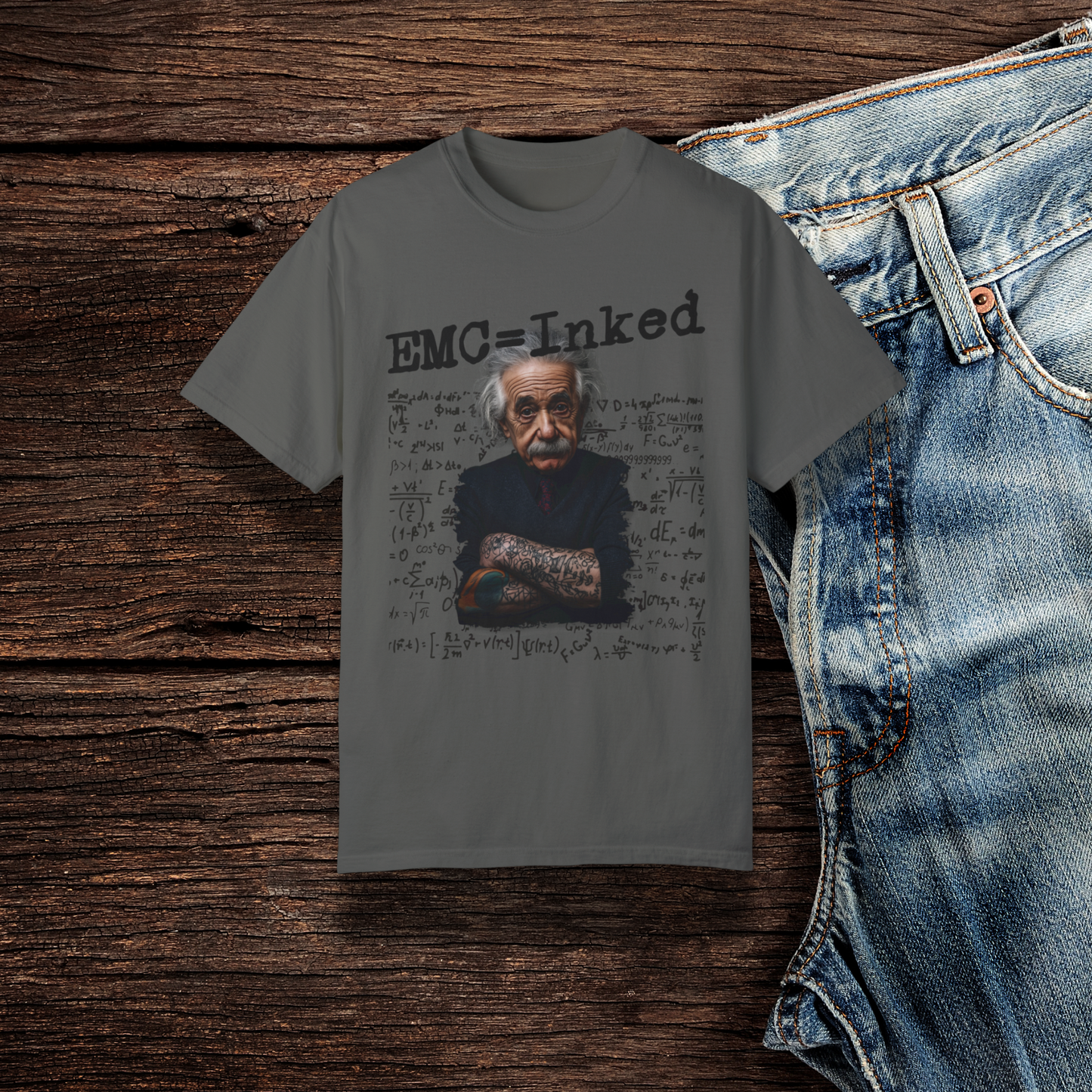 EMC=Inked T-Shirt, Tattooed Einstein Graphic Tee, Funny Science and Math Humor Shirt, Unique Physics Lover Apparel
