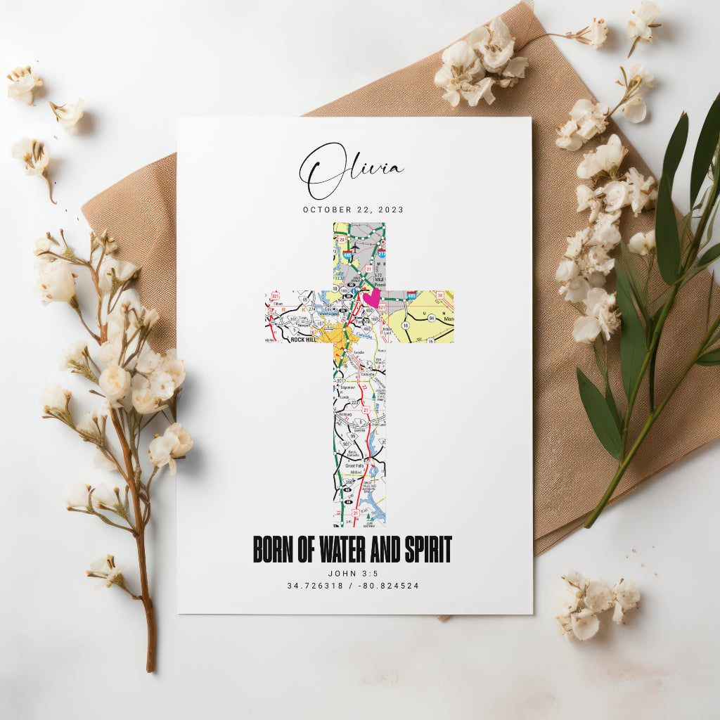 Personalized Cross Map Wall Art Print, Born of Water and Spirit, Baptism Keepsake, Christian Decor