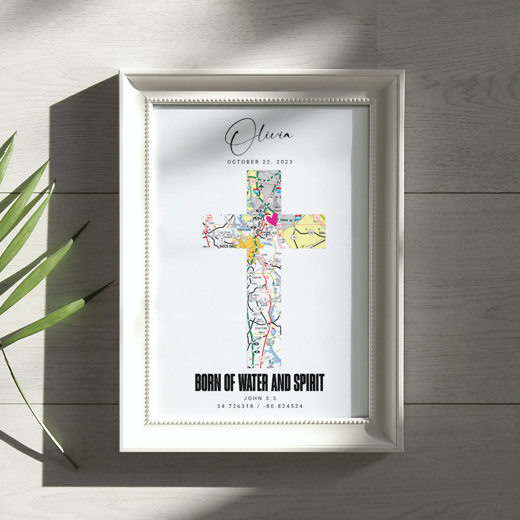 Personalized Cross Map Wall Art Print, Born of Water and Spirit, Baptism Keepsake, Christian Decor