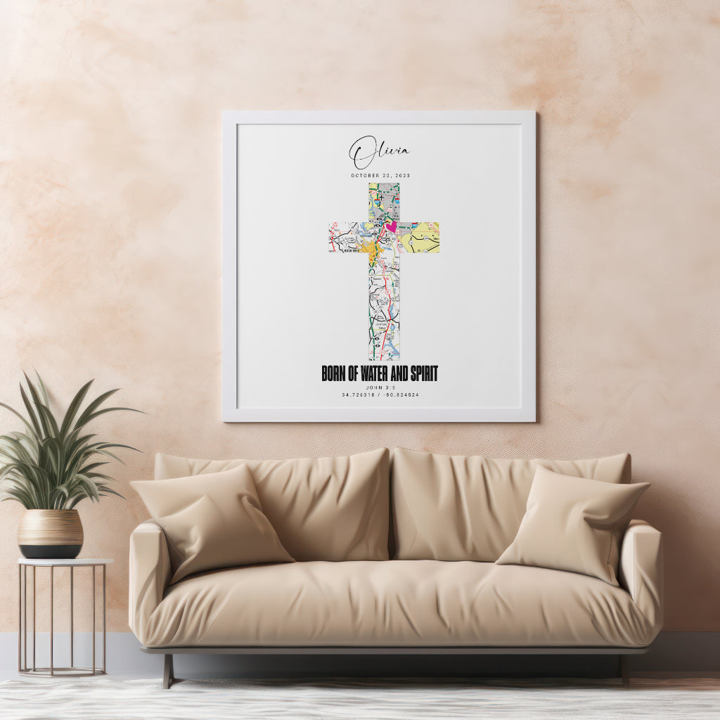 Personalized Cross Map Wall Art Print, Born of Water and Spirit, Baptism Keepsake, Christian Decor