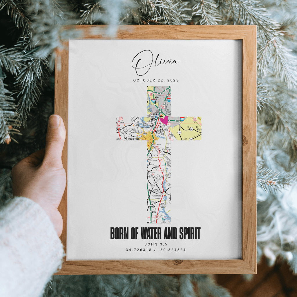 Personalized Cross Map Wall Art Print, Born of Water and Spirit, Baptism Keepsake, Christian Decor