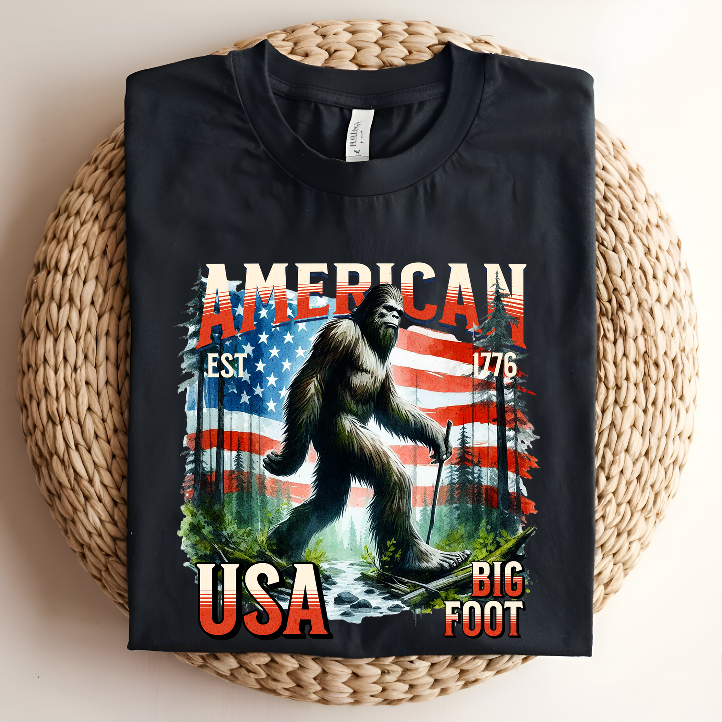American Bigfoot T-Shirt, Patriotic USA Sasquatch Graphic Tee, Est. 1776 Vintage Style Shirt, Patriotic Gift