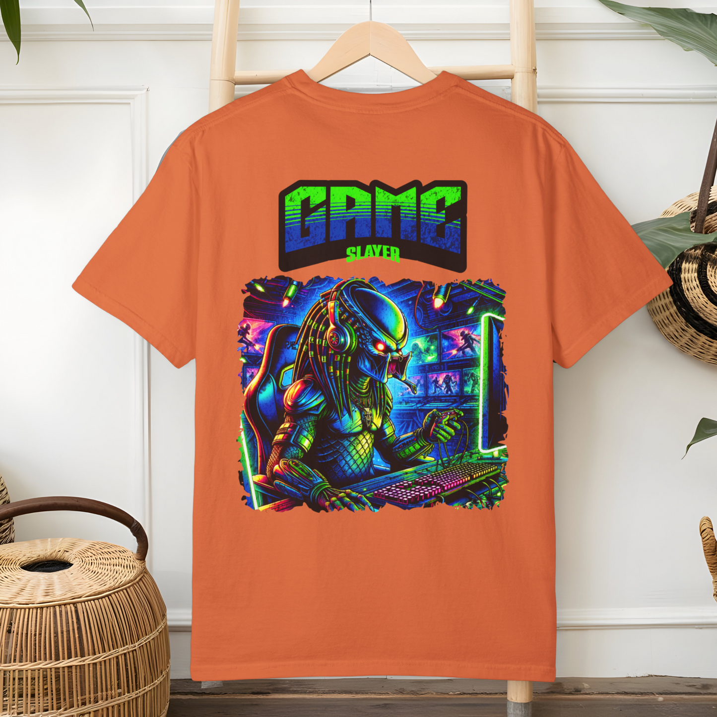 Game Slayer T-Shirt, Neon Predator Gaming Graphic Tee, Sci-Fi Gamer Shirt, Bright Retro Design