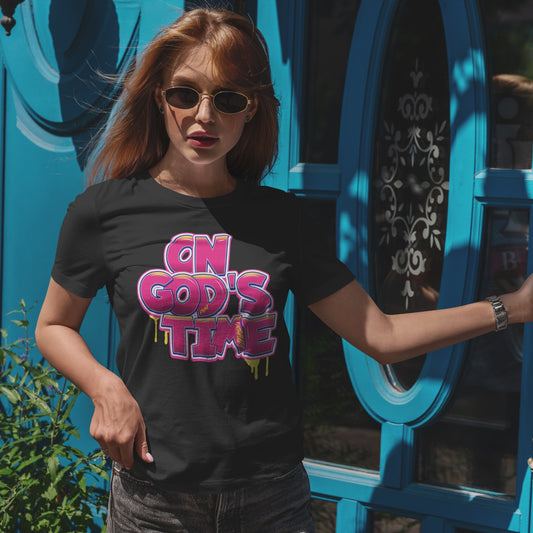On God’s Time Graffiti Shirt, Christian Streetwear Tee, Bold Faith Drip Style T-Shirt, Urban Scripture Shirt, Fuchsia Jesus Graphic Tee