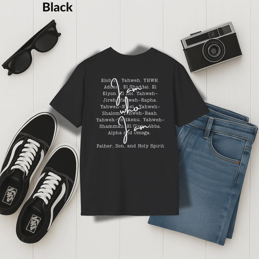 Names of God T-Shirt, Exodus 3:14, Jesus Over All Tee, Christian Typography Shirt, Faith-Based Apparel, Father, Son, and Holy Spirit Shirt