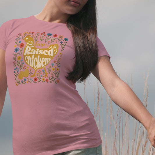 Farm Raised Chickens Shirt, Cute Country Farm Graphic Tee, Backyard Chicken Lover Gift, Boho Floral Chicken T-Shirt for Women