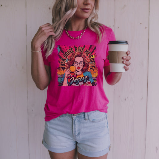 When I Rise Give Me Coffee and Jesus Shirt, Retro Christian Graphic Tee, Pop Art Jesus and Coffee T-Shirt for Women, Faith and Caffeine Gift
