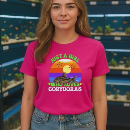 Just a Girl Who Loves Corydoras Shirt, Cute Catfish Tee for Aquarium Lovers, Retro Sunset Fish Lover Gift, Corydora T-Shirt for Women
