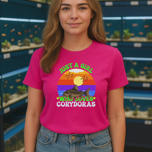 Just a Girl Who Loves Corydoras Shirt, Cute Catfish Tee for Aquarium Lovers, Retro Sunset Fish Lover Gift, Corydora T-Shirt for Women