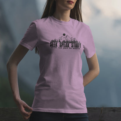 Seek Speak Study Christian T-Shirt, Faith Outdoors Shirt, Trust the Path He Weaves Tee, Hiking Scripture Shirt, Bible Verse Mountain Tee